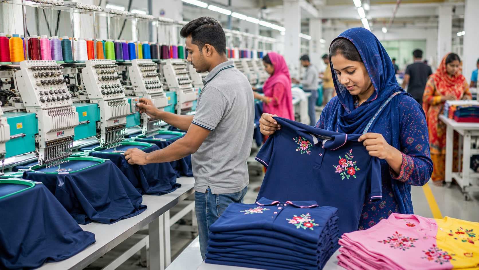 Computerized custom garment embroidery section in factory