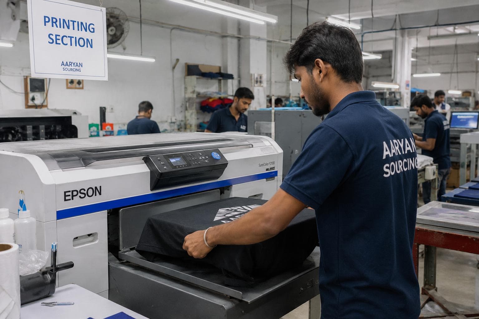 Screen printing and digital printing on garments in factory