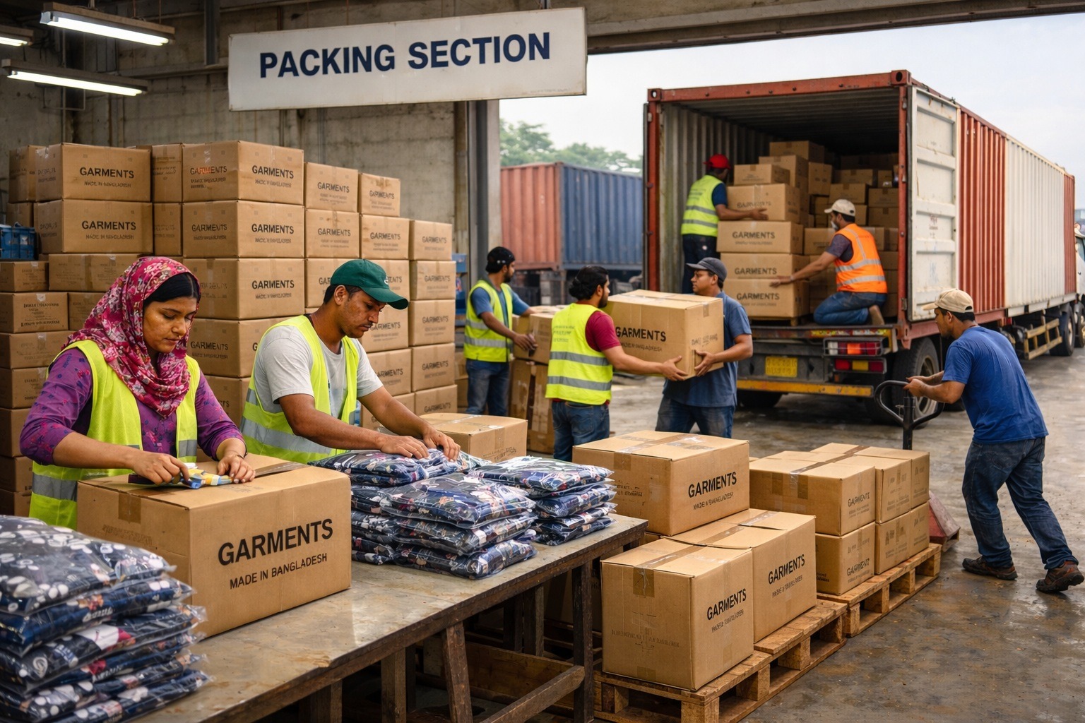 Garment packing and shipping process for export orders