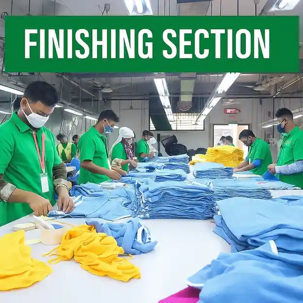 Garment finishing process showing pressing and fold-tagging in factory